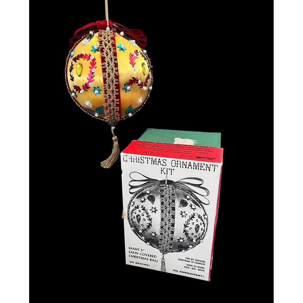 Vintage BUCILLA Beaded Satin CHRISTMAS Ornament LARGE 5" Kit W/ Original Box MCM